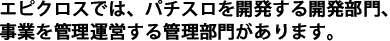 エピクロスでは、パチスロを開発する開発部門、事業を管理運営する経営企画部門と業務部門があります。